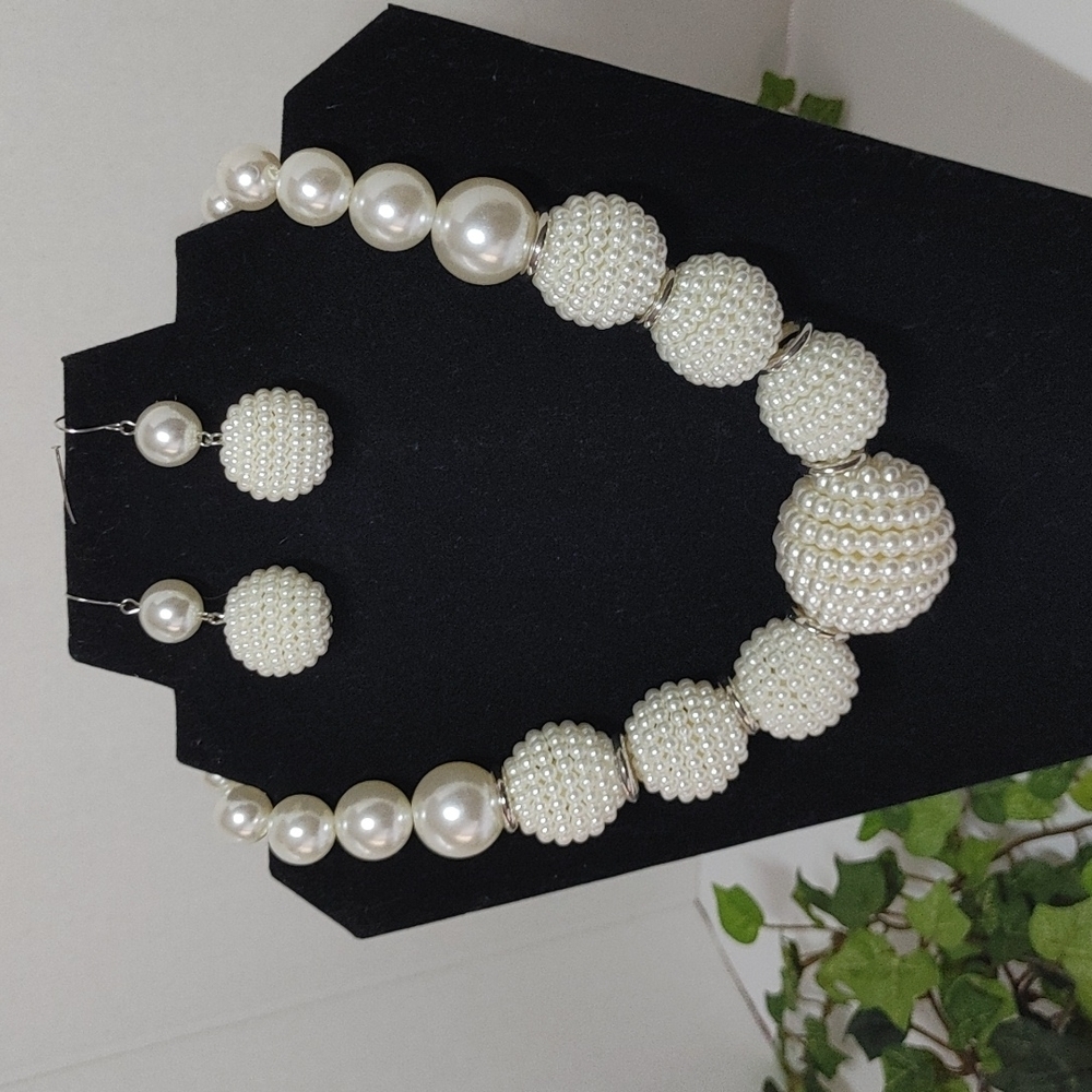 Statement Pearl Ball Necklace Earrings Set